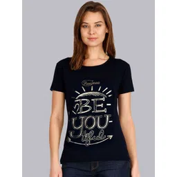 Fleximaa Women Navy Blue Typography Foil Printed Cotton T-shirt-picture-33