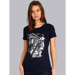 Fleximaa Women Navy Blue Typography Printed Applique T-shirt-picture-26