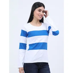 Fleximaa Women Off White & Blue Striped Extended Sleeves Cotton T-shirt image 3