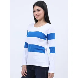 Fleximaa Women Off White & Blue Striped Extended Sleeves Cotton T-shirt image 2