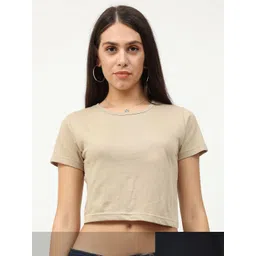 Fleximaa Women Pack of 2 Beige & Black Solid Round Neck Crop Pure Cotton Top-picture-34