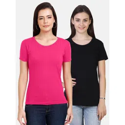 Fleximaa Women Pack of 2 Fuchsia & Black Cotton T-shirts-picture-31
