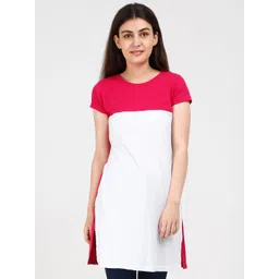 Fleximaa Women Pink & White Colourblocked Pure Cotton Longline Top-picture-24