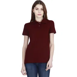fleximaa women polo t shirt plain Women Solid Polo Neck Cotton Blend Maroon T-Shirt-picture-32