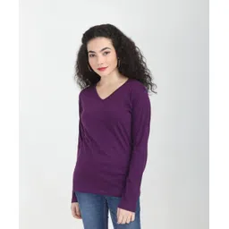 fleximaa Women Solid V Neck Pure Cotton Purple T-Shirt-picture-21