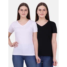 Fleximaa Women White & Black Set Of 2 V-Neck ???????Cotton T-shirt-picture-18