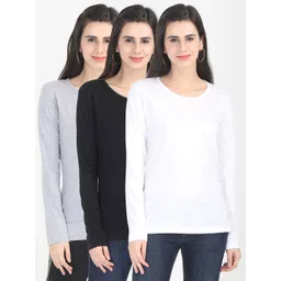 Fleximaa Women White & Black Set Of 3 Cotton T-shirt-picture-17