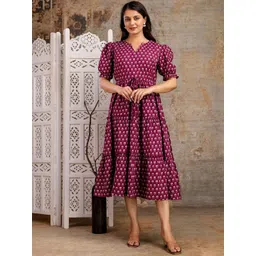 flipFabric Floral Print Puff Sleeve Fit & Flare Midi Dress-picture-10