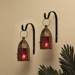 flipkart smartbuy Wall Metal Decorative Antique Brass Finish Moroccan Lantern Candle Holder, Set of 2, Tealight Hanging Home Office Decor with Wall Hook, Red Metal Hanging Lantern-picture-19