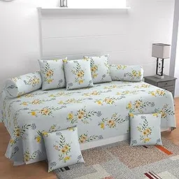 Floral Diwan Set with 5 Cushions and 2 Bolsters, Light Blue with Yellow Flowers-picture-25