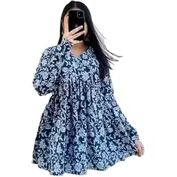 Floral Print Long Sleeve top, Navy Blue and White, V-Neck, Flared Tunic Style, Casual Wear-picture-17