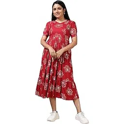Floral Print Maternity Nursing Dress, Red and White Floral Print Cotton Mid-Calf Side Zipper for Feeding Regular Fit-picture-11