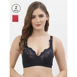 Floret Navy Blue & Red Floral Lace Bra Pack of 2 image 1
