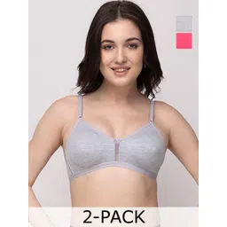 Floret Pack of 2 Grey Melange & Pink Solid Non-Wired Non Padded T-shirt Bra-picture-38