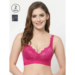 Floret Pack of 2 Magenta & Navy Blue Non Wired T-shirt Floral Lace Bra-picture-18