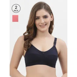 Floret Pack of 2 Navy Blue & Rose Solid Full Coverage T-shirt Bra T3061_Navy-Rose_30B-picture-40