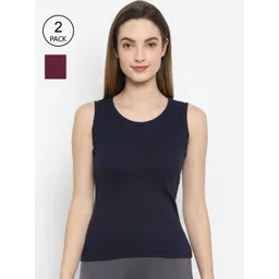 Floret Pack of 2 Women Burgundy & Navy Blue Solid Cotton Camisoles-picture-13