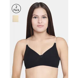 Floret Set Of 2 Beige & Black Solid Non-Wired Lightly Padded T-shirt Bra-picture-22