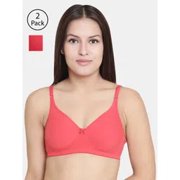 Floret Set Of 2 Peach-Coloured & Red Solid Non-Wired Lightly Padded T-shirt Bra-picture-28