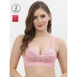 Floret Set Of 2 Pink & Red Non Padded & Non Wired Lace Floral Bra-picture-24