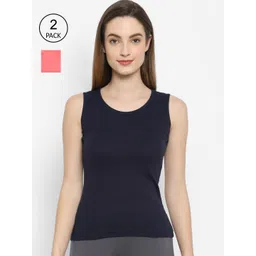 Floret Women Navy Blue & Coral Solid Cotton Non-Padded Camisoles Pack Of 2-picture-16