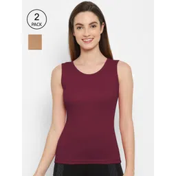 Floret Women Pack Of 2 Burgundy & Nude Solid Cotton Camisoles-picture-11