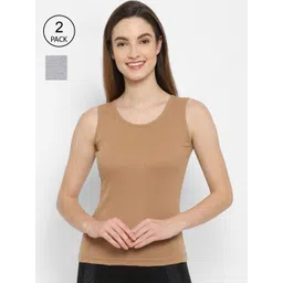 Floret Women Pack Of 2 Grey Melange & Nude-Colored Solid Cotton Camisoles-picture-18