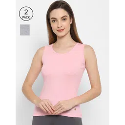 Floret Women Pack of 2 Grey Melange & Pink Solid Cotton Camisoles-picture-23