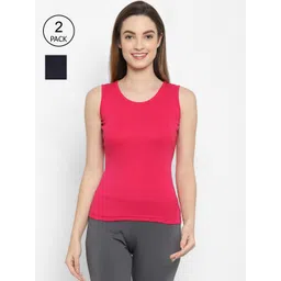 Floret Women Pack Of 2 Navy Blue & Magenta Solid Cotton Camisoles-picture-25