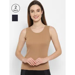 Floret Women Pack Of 2 Navy Blue & Nude-Coloured Solid Cotton Camisoles-picture-39