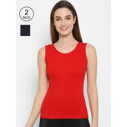 Floret Women Pack Of 2 Navy Blue & Red Solid Cotton Camisoles-picture-15