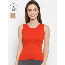 Floret Women Pack Of 2 Nude-Coloured & Orange Solid Cotton Camisoles-picture-12