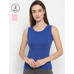 Floret Women Pack Of 2 Pink & Blue Solid Cotton Camisoles-picture-34
