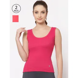 Floret Women Pack Of 2 Pink & Coral Solid Cotton Camisoles-picture-12