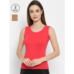 Floret Women Pack Of 2 Red & Nude-Coloured Solid Cotton Camisoles-picture-36