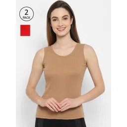 Floret Women Pack Of 2 Solid Red & Nude-Coloured Cotton Camisoles image 1