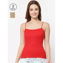 Floret Women Red & Nude Pack Of 2 Solid Cotton Camisoles-picture-15