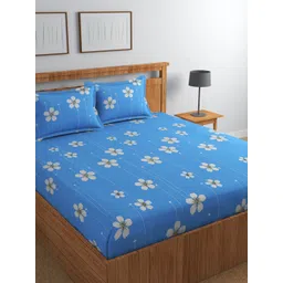Florida Blue & White Floral Cotton 180 TC King Bedsheet With 2 Pillow Covers-picture-17