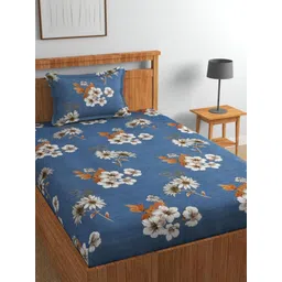 Florida Blue & White Floral Cotton 180 TC Single Bedsheet With 1 Pillow Cover-picture-13