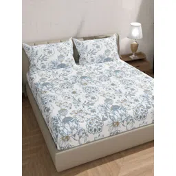 Florida Blue & White Floral Printed 300 TC Cotton King Bedsheet Set 2.28 m x 2.75 m-picture-30