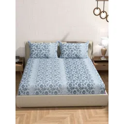 Florida Blue & White Floral Printed 300 TC Cotton King Bedsheet Set 2.28 m x 2.75 m-picture-14