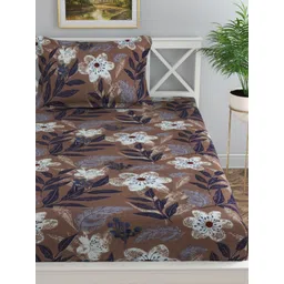 Florida Brown & Blue Floral Printed 120 TC Single Bedsheet With 1 Pillow Cover-picture-24