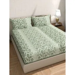 Florida Green & White Floral Printed 300 TC Cotton King Bedsheet Set 2.28 m x 2.75 m-picture-16