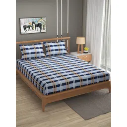 Florida Navy Blue & White Striped 120 TC Flat Cotton Queen Bedsheet with 2 Pillow Covers-picture-37
