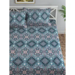 Florida Navy Blue Ethnic Motifs Printed 120 TC Super King Bedsheet With 2 Pillow Covers-picture-15