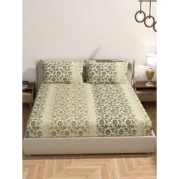 Florida Olive Green & White Floral Printed 300 TC Cotton King Bedsheet Set 2.28 m x 2.75 m-picture-14