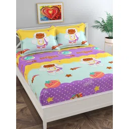 Florida Purple & Sea Green Cartoon Characters 144 TC Queen Bedsheet with 2 Pillow Covers-picture-29