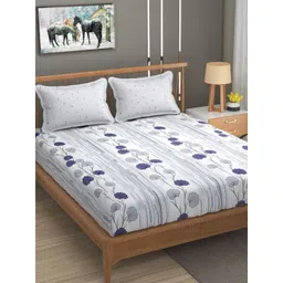 Florida White & Blue Floral Cotton 144 TC King Bedsheet with 2 Pillow Covers-picture-34