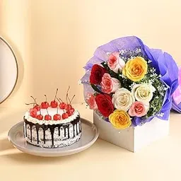 FlowerAura Premium Combo of Fresh Live 10 Mix Rose Flower Bouquet With Delicious 500g Cherrish Black Forest Cake For Birthday | Anniversary | Valentine's Day | New Year | Christmas (Same Day Delivery)-picture-26