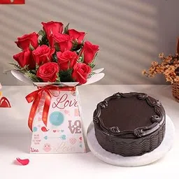 FlowerAura Premium Combo of Fresh Live 10 Red Roses Flower Bouquet With Delicious 500g Chocolate Cake For Birthday | Anniversary | Valentine's Day | New Year | Christmas (Same Day Delivery)-picture-32
